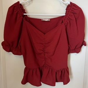 Altar’d State Red Cropped Peplum Blouse w/ Ruched Puff Sleeves - Size S